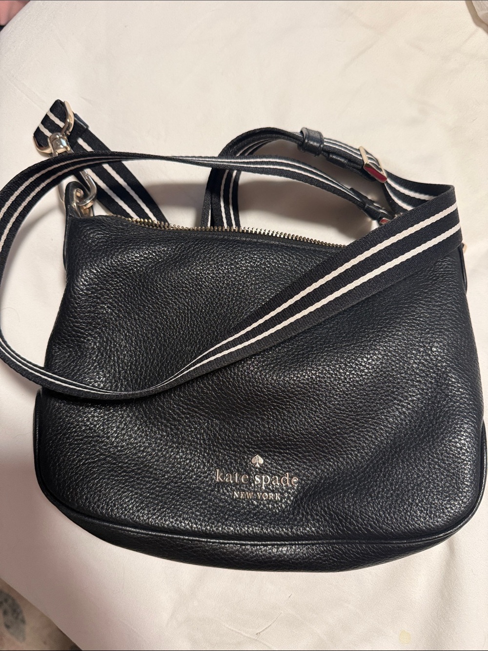 kate spade Black Pebbled Leather Crossbody with Striped Strap